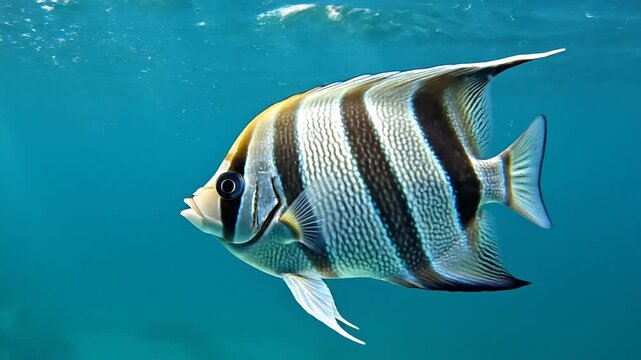 Tropical bannerfish swimming in clear blue ocean water