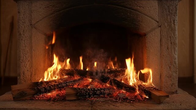 Warm and inviting fireplace burning brightly with glowing embers and smoke