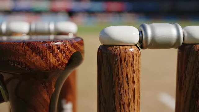 Close-up of cricket stumps displaying shiny bails in a cricket match. This image captures the essence of sportsmanship, teamwork, and competition in cricket,