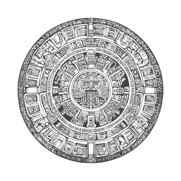 Aztec Calendar Stone with Central Deity and Circular Glyphs