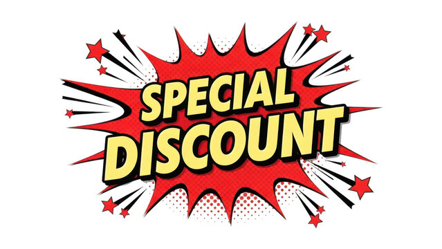 Special discount text on red comic book explosion background with stars