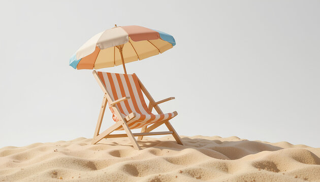 Wooden Beach Chair and Colorful Umbrella on Sand &ndash; Minimal 3D Summer Scene