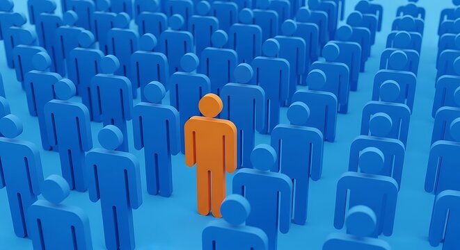 A crowd of blue figures with one orange figure standing out, implying uniqueness