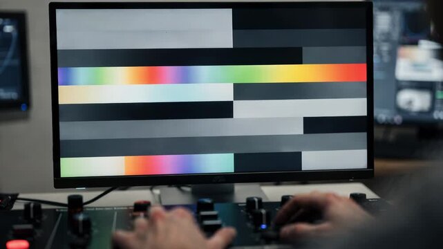 Close medium view of a test pattern displayed on a screen as a user tweaks caption settings with control panels fading into a soft background blur.