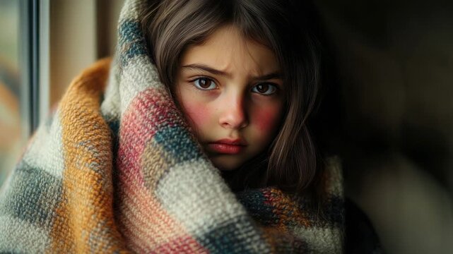 Child wrapped in blanket looking out window on a chilly afternoon in a cozy room