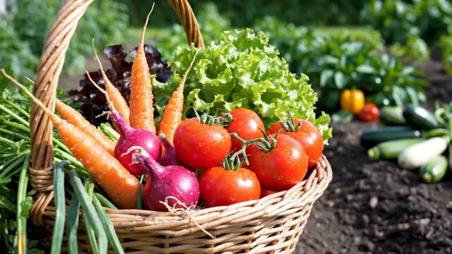 A wicker basket overflowing with fresh vegetables, carrots, tomatoes and lettuce. A garden is behind