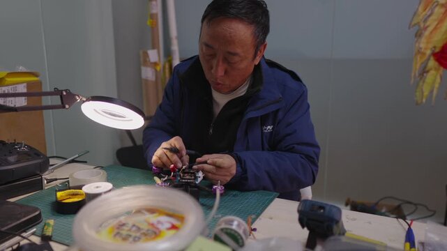 Focused asian man at a workbench using a soldering iron and magnifying lamp to repair circuit board, demonstrating precise, skilled electronics craftsmanship and concentration