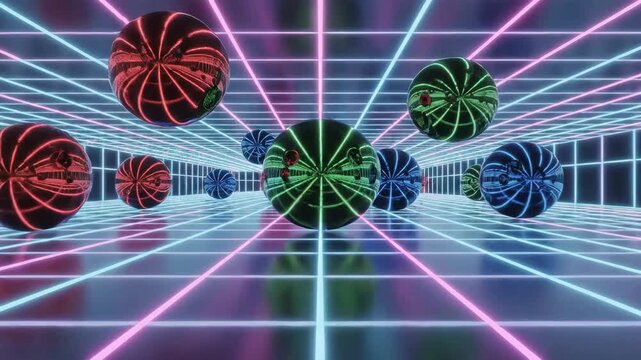 Abstract 3D render of glowing neon spheres in a futuristic grid tunnel with vibrant pink and blue lights creating a retro wave aesthetic.