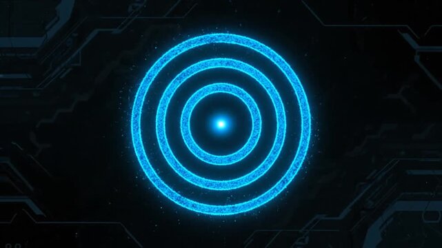 Animated glowing blue target icon forms in a futuristic cyberpunk environment with lines and circuits