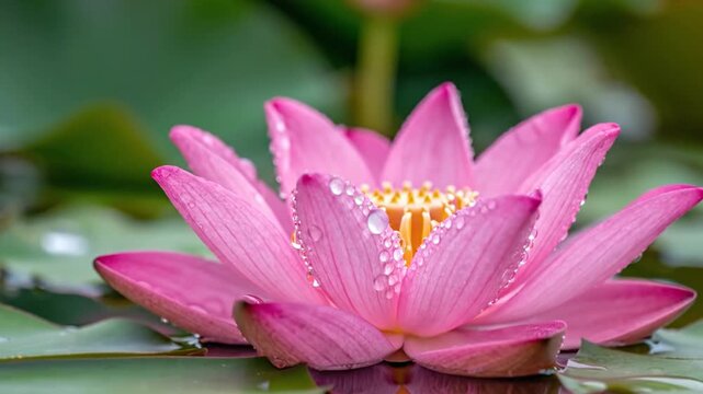 Close-up of a blooming pink flower, water droplets glistening on the petals, with blurred green background