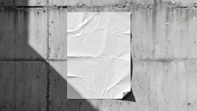 Sunlight casts a sharp diagonal shadow across a blank wrinkled white poster mockup glued to a weathered industrial concrete wall ready for street advertising design.