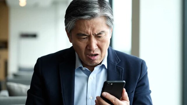 An Asian man in suit looks intently at his cell phone, appears puzzled and focused