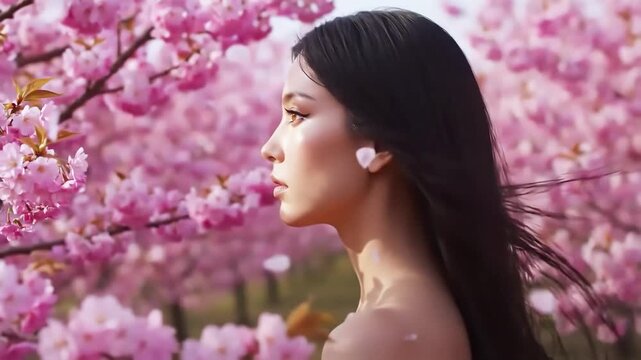 Silver metal relief sculpture morphing into a realistic woman in a cherry blossom spring landscape. Concept of art coming to life and magical transformation.