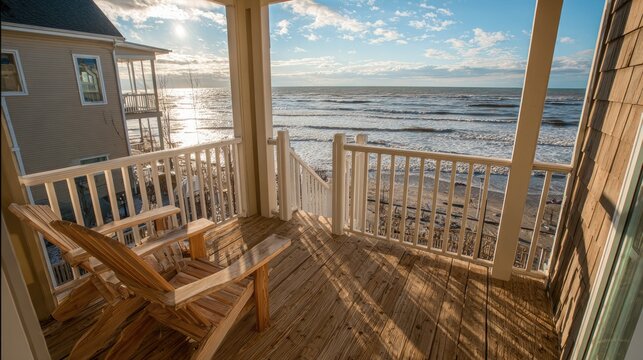 Wooden deck overlooking ocean on a sunny day with chair and railing