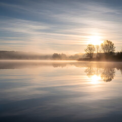 Obraz premium Serene Sunrise Reflection on a Misty Lake with Golden Hues