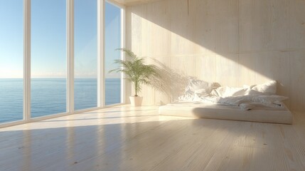 Fototapeta premium Modern sunlit bedroom with ocean view and decorative plant