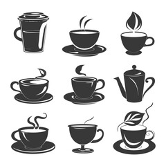 Obraz premium Collection of Black and White Teacup Silhouettes with Steam and Leaves