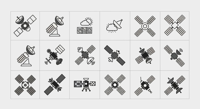 Satellite Icons: Space Exploration, Communication, Weather, and Technology Set