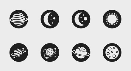 Set of Space Icons: Planets, Moon, Sun, and Stars © Saipur