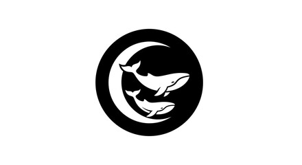Obraz premium Two Whales Swimming in a Crescent Moon Symbol, Black and White Icon