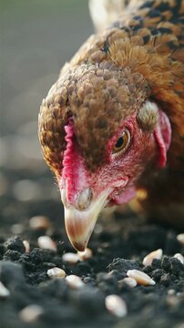 Close-Up Chicken Eating Feed on Rural Farm, Ultra Realistic Natural Behavior