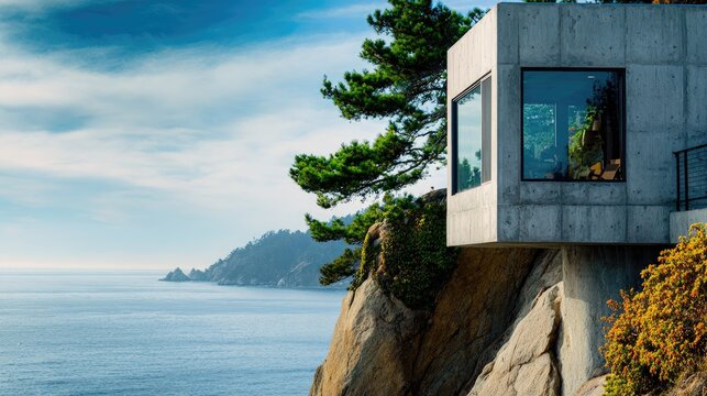Modern cliffside architecture overlooking the ocean with clear blue sky