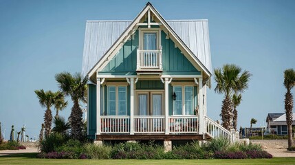 Fototapeta premium Coastal cottage with turquoise siding and white accents against clear sky