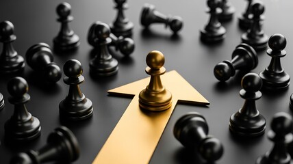 Golden pawn standing out among black chess pieces on dark background with golden arrow pointing upwards