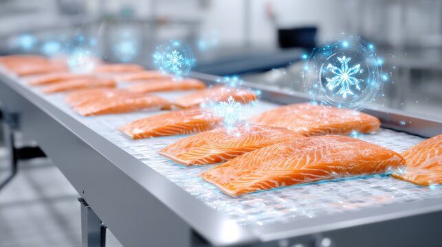 A modern fish processing plant. Fresh salmon on a sorting line. Augmented reality indicators float above the fish, casting a cool blue icy glow