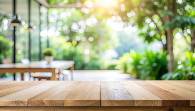 Empty wooden table with blurred green garden and cafe background.