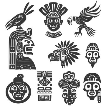 Collection of Stylized Ancient Mayan Art Designs with Faces and Birds