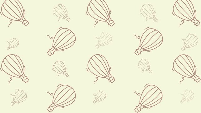 Holiday themed doodle pattern featuring cartoon hot air balloons on a tan background. Perfect for wrapping paper, greeting cards, and textiles.