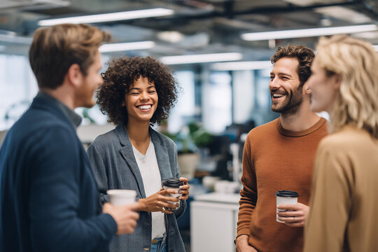 Diverse colleagues sharing a laugh and coffee break in a modern office setting, fostering camaraderie.