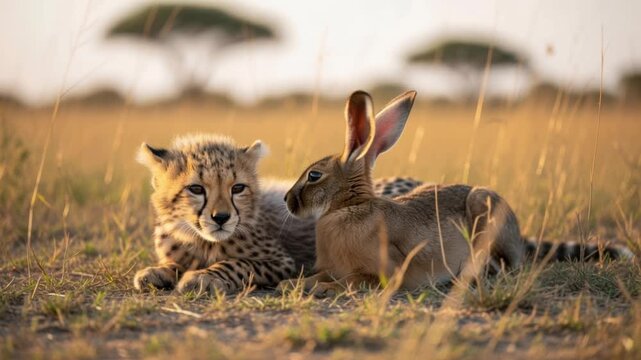Lion Cub and Rabbit Lying Together in Grass.