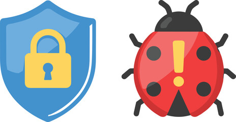 Fototapeta premium Cyber Security Vector Illustration Featuring Blue Shield with Yellow Padlock and Red Ladybug Software Bug Icon Representing Data Protection Online Safety and Malware Threats