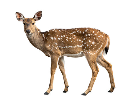 Young white-tailed deer fawn standing in white studio background