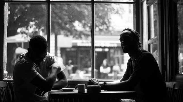 Vertical cinematic scene of two friends exchanging a look mid-conversation, capturing a natural pause and authentic human connection in soft natural light, emphasizing real emotion and unposed interac