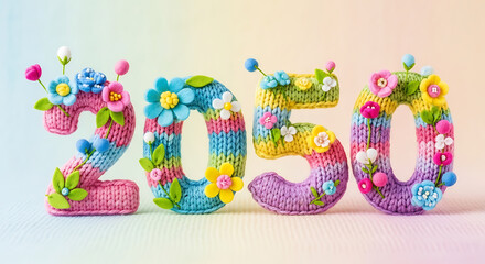 Colorful Knitted Year 2050 Sign with Crochet Flowers for Future Concept and Anniversary Design