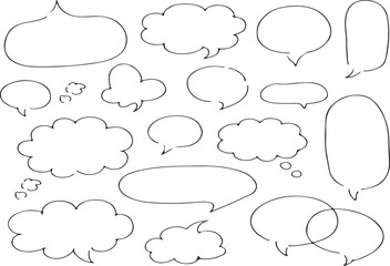 Assorted hand-drawn speech bubbles and thought clouds in various shapes and sizes, communication graphics pack.
