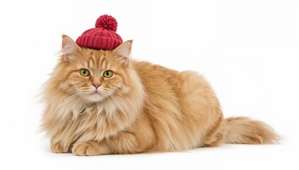 Obraz premium Fluffy orange tabby cat wearing a red knitted hat sitting on white background, cute pet fashion, cozy feline portrait