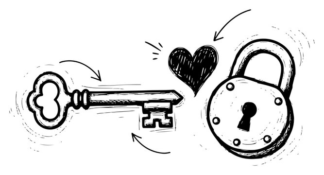 Vintage Skeleton Key and Padlock with Heart Black-and-White Sketch Illustration