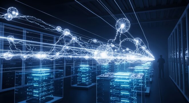 Abstract digital network connections flowing through a futuristic data center filled with servers and glowing light particles