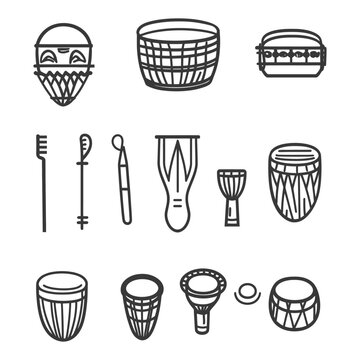 Hand-Drawn Line Art Illustrations of Various Percussion Instruments