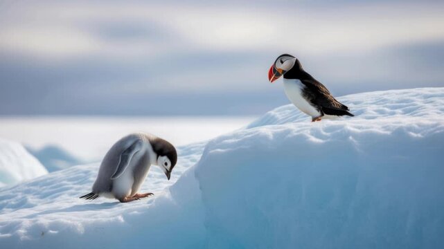 Penguins Standing on Iceberg in Arctic Landscape.