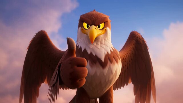 Animated eagle character giving thumbs up against sky background high quality rendered footage,encouragement and approval in cartoon style