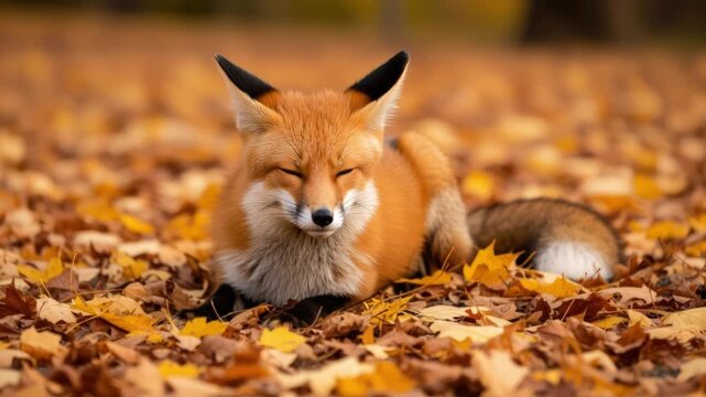Red Fox Lying in Autumn Leaves Forest.