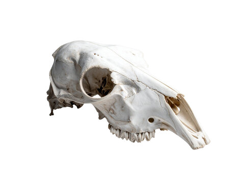 Animal skull in side view with white bone texture and hollow eye socket on clean background