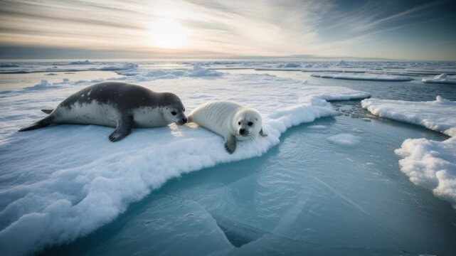 Seals Resting on Iceberg in Arctic Ocean.