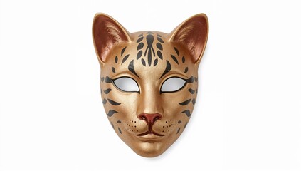 Stylized cat face stage mask for world theatre production with gold and black patterned detailing on white background