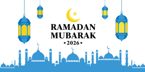 Ramadan Mubarak 2026 with mosque silhouette and lanterns crescent moon © Riyaj Vector Valley